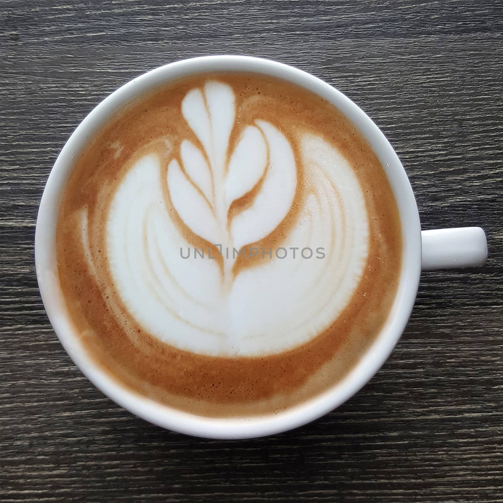Top view of a mug of latte art coffee. by Tanarch
