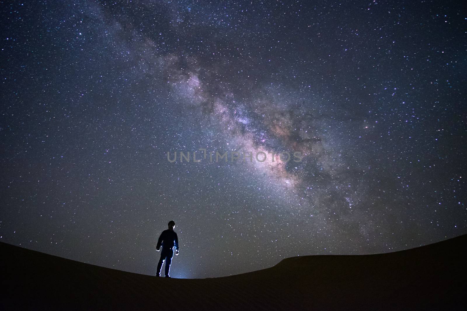 Milky way galaxy with a man standing and watching at Tar desert, Jaisalmer, India. Astro photography.