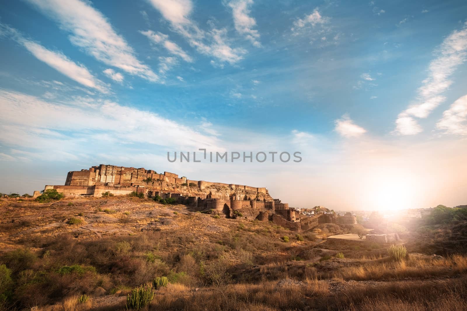 Sun set at Mehrangarh fort at Jodhpur, Rajasthan, India. An UNESCO World herritage.