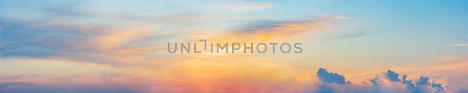 Dramatic panorama sky with cloud on twilight time. Panoramic image.