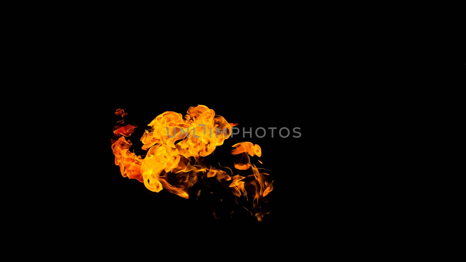 Fire flames on black background isolated. Burning gas or gasoline burns with fire and flames. Flaming burning sparks close-up, fire patterns. Infernal glow of fire in the dark with copy-space