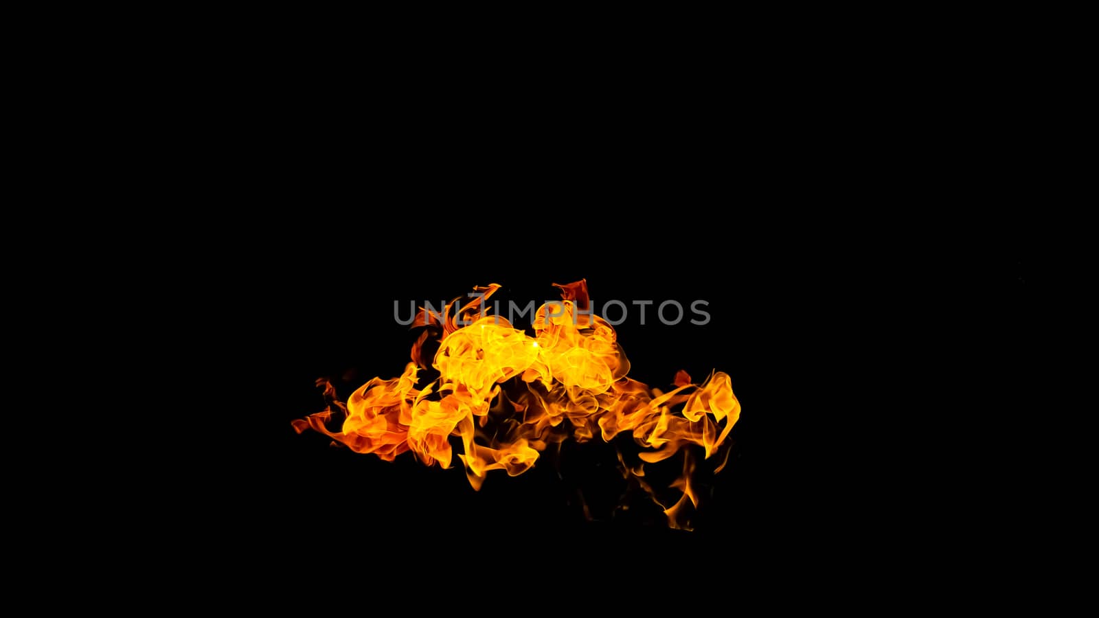 Fire flames on black background isolated. Burning gas or gasoline burns with fire and flames. Flaming burning sparks close-up, fire patterns. Infernal glow of fire in the dark with copy-space