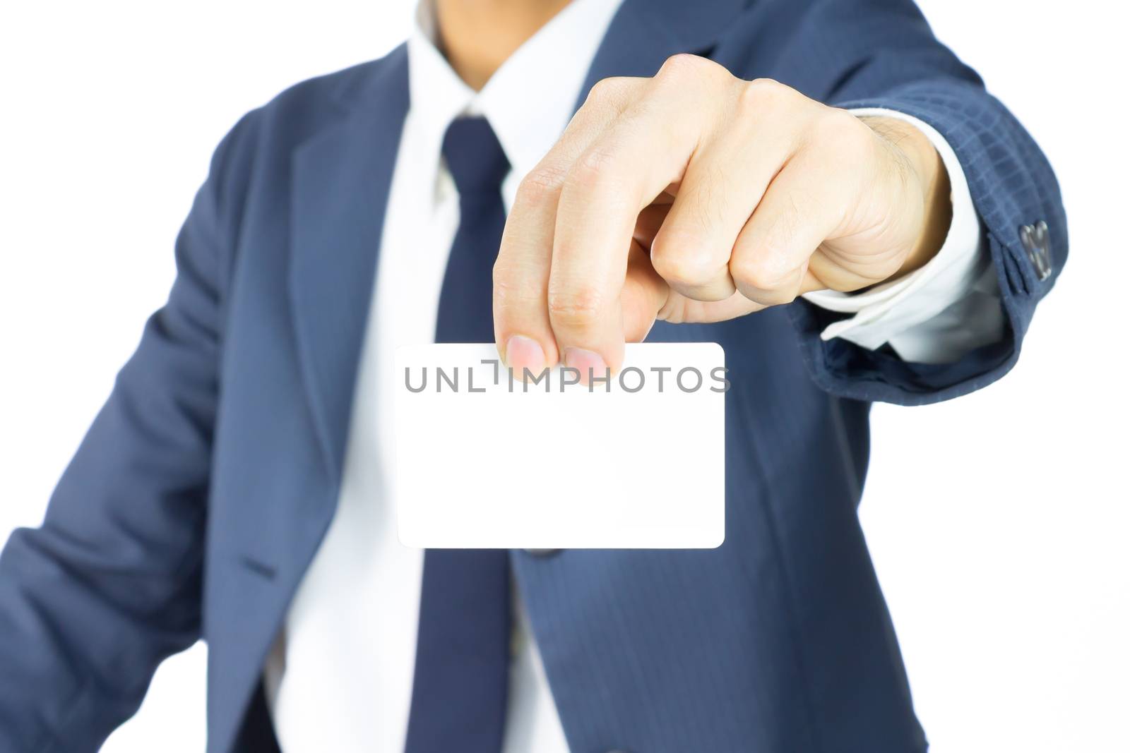 Businessman in Blue Suit Show Business Card or White Card by Two Finger Isolated on White Background for Design about Organization or Company