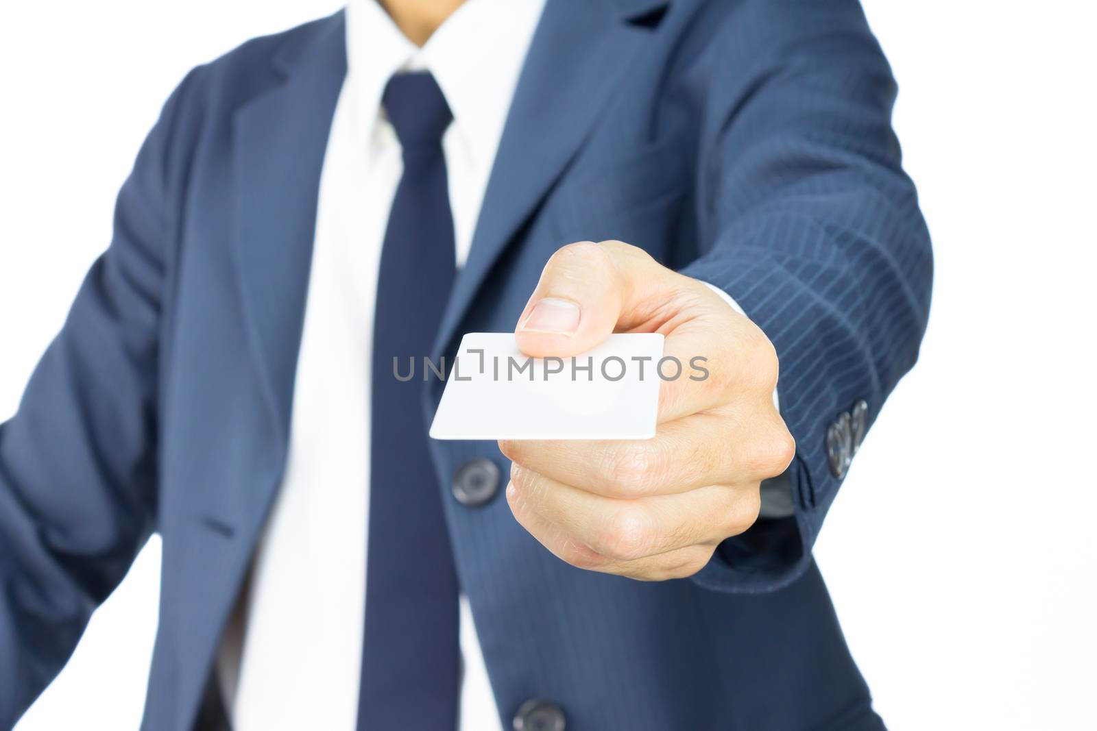Businessman in Blue Suit Show Business Card or White Card in Straight View Isolated on White Background for Design about Organization or Company