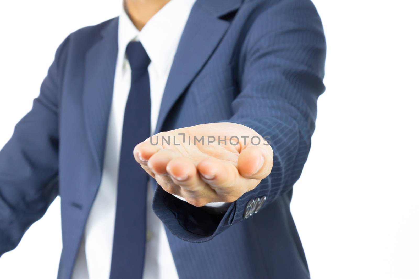 Opening Palm Hand of Businessman on Plump Style in Blue Suit Isolated on White Background. Concept about Giving or Seek.
