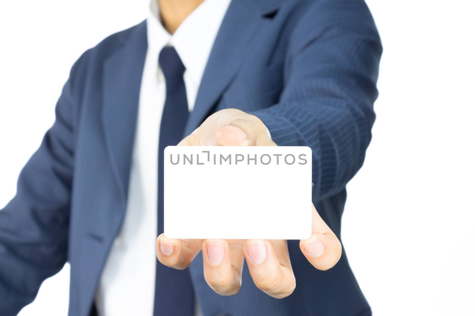 Businessman in Blue Suit Show Business Card or White Card at Low Level Isolated on White Background for Design about Organization or Company