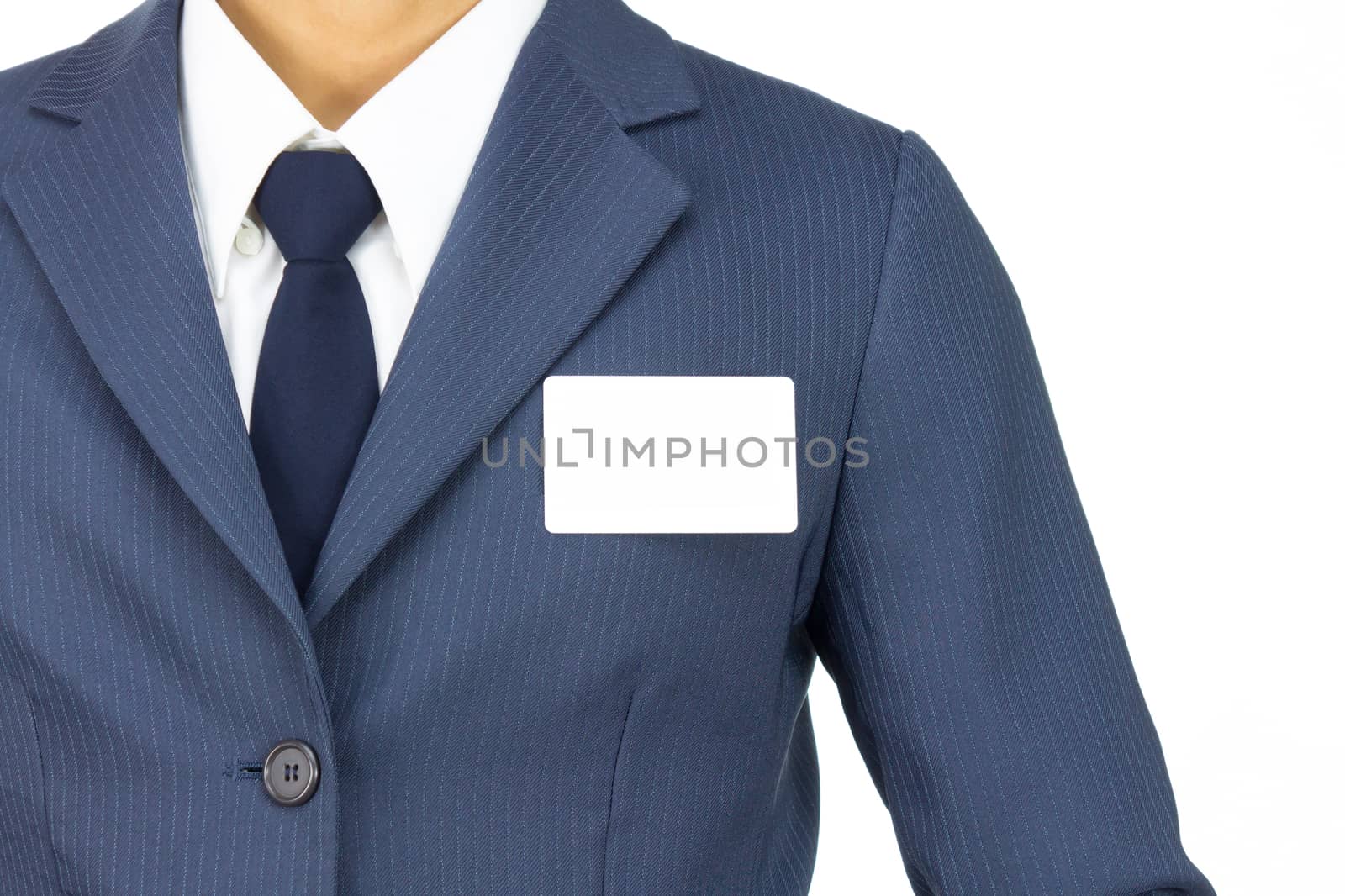 Businessman in Blue Suit Attach Business Card or White Card Isolated on White Background. Concept about Name or Advertise or Organization.