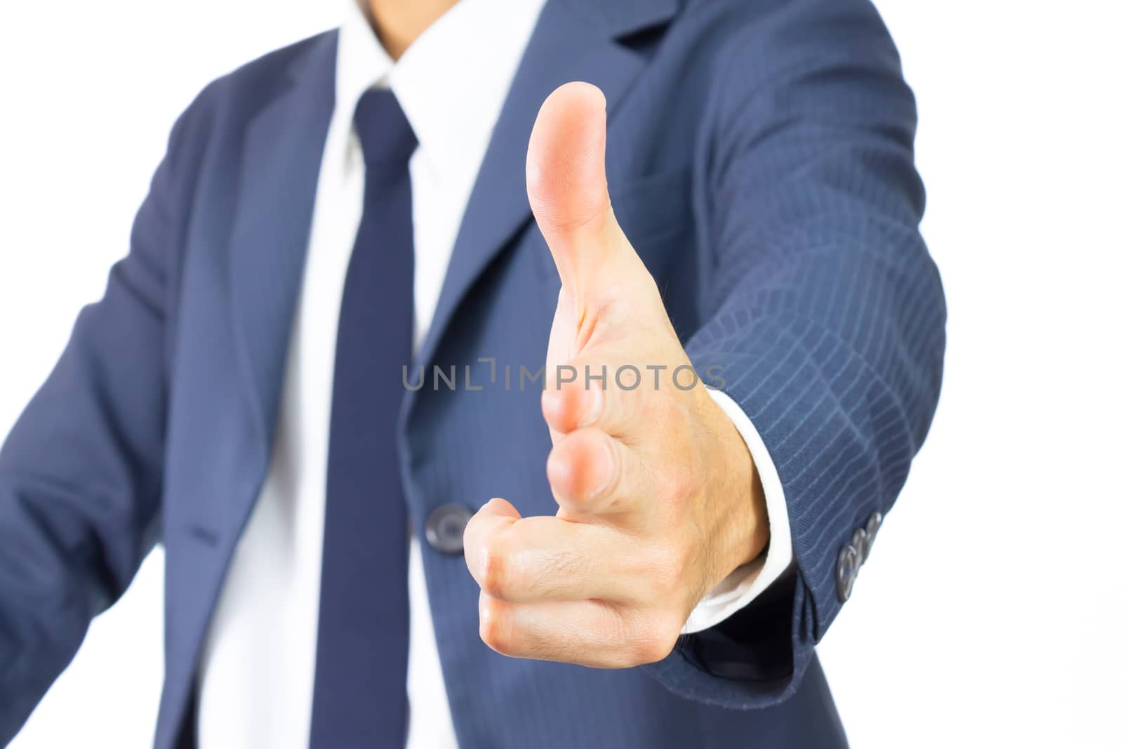 Businessman Show Finger Gun in Blue Suit Isolated on White Background. Concept about Target or Goal