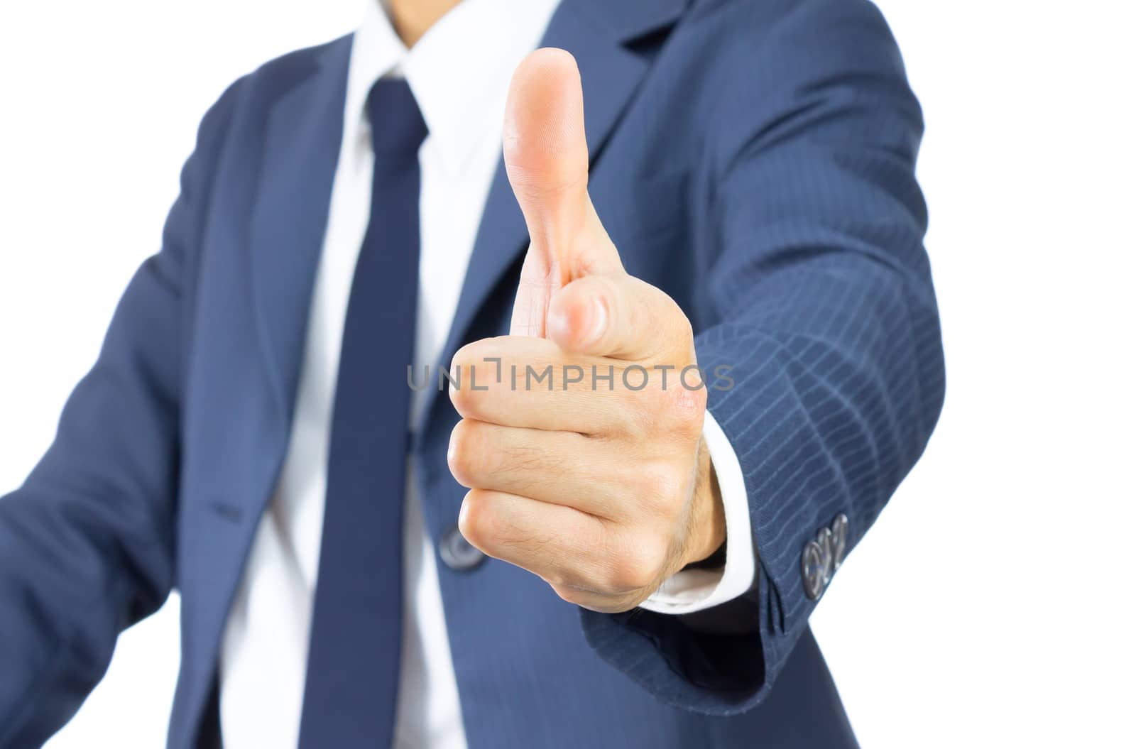 Businessman in Blue Suit Point Something Isolated on White Background. Business Concept about Leadership or Choose Something