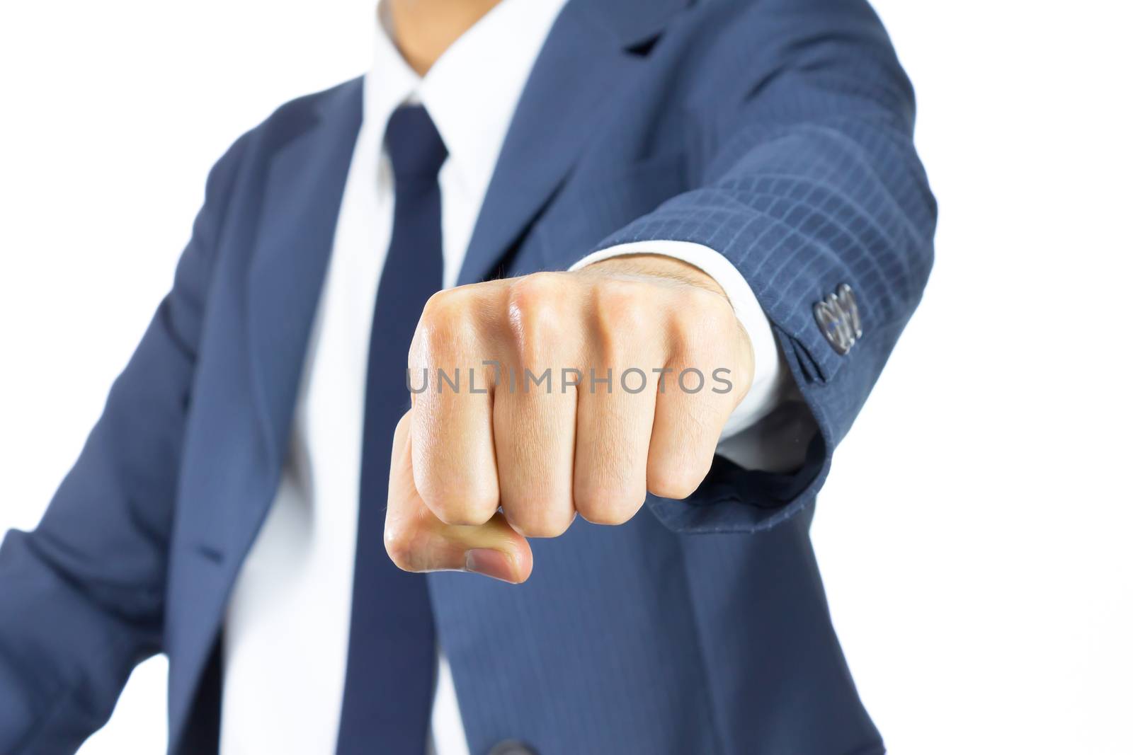 Businessman Fist in Blue Suit Isolated on White Background. Concept about Violence or Strike in Organization