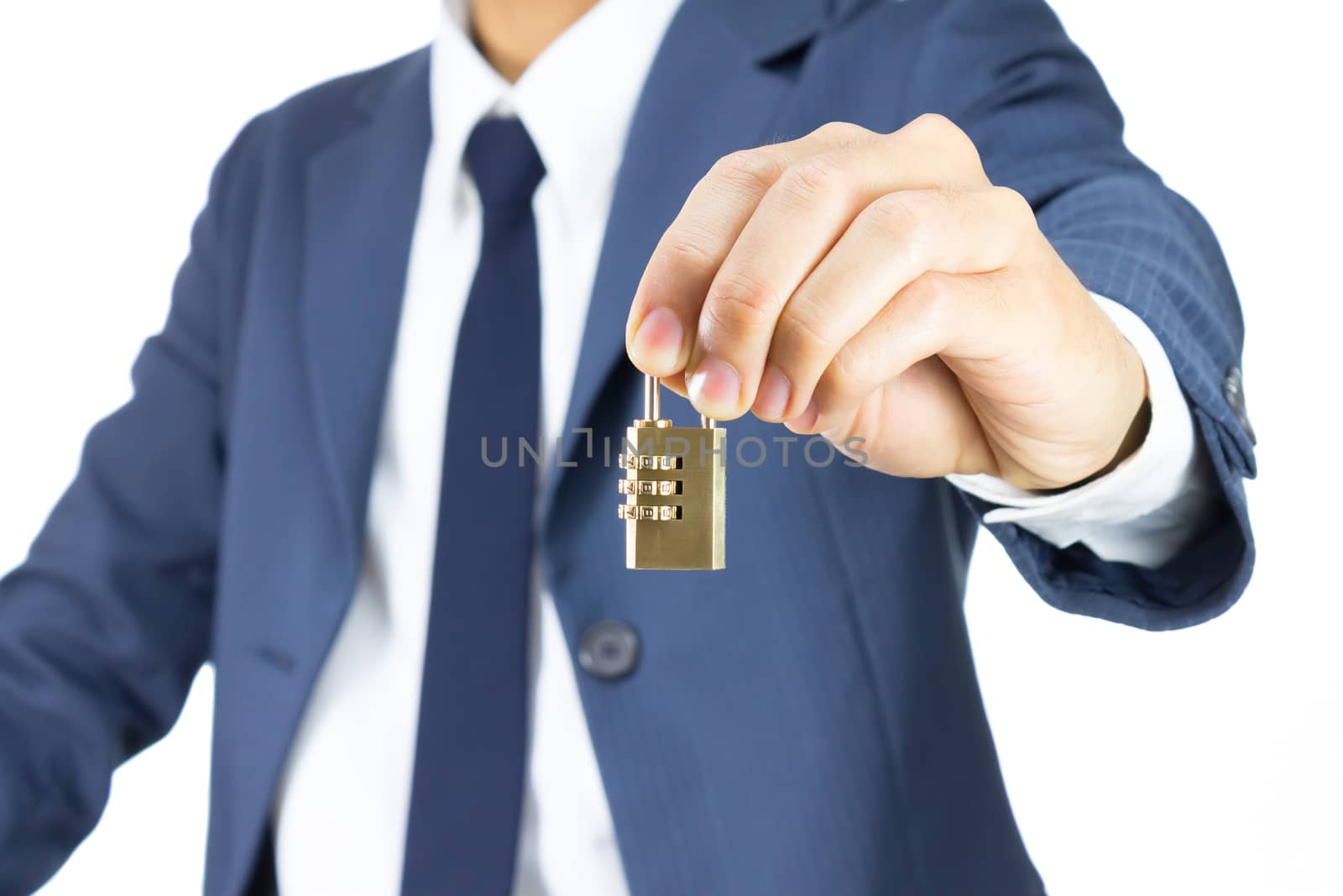 Businessman and Combination Lock on Blue Suit Style. Concept About Security in Company or Organization.