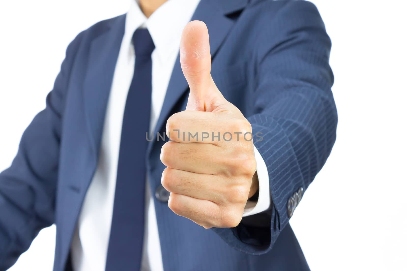 Young Businessman in Blue Suit Show Thumb Up Isolated on White Background.