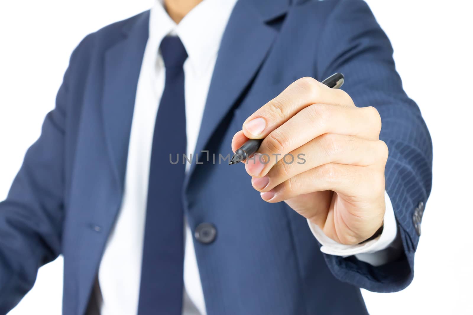 Businessman Drawing Transparent Screen or Glass Board Isolated on White Background. Businessman Writing Something on Transparent Screen.