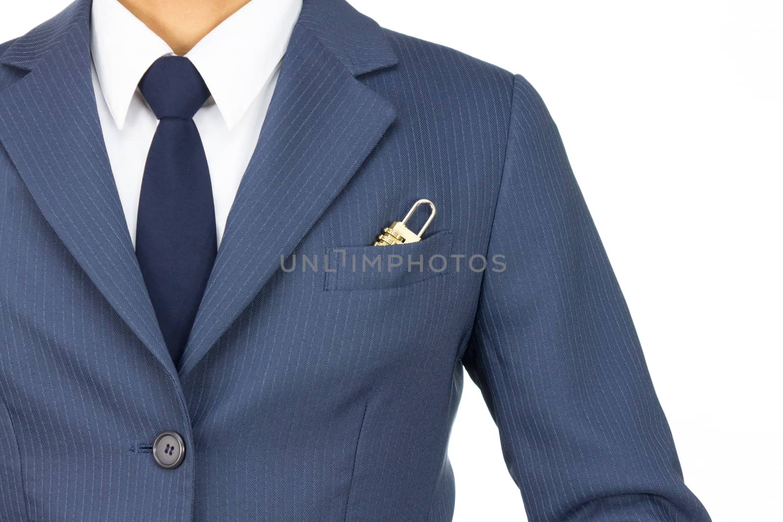 Businessman in Blue Suit With Combination Lock in Pocket Isolated on White Background. Concept about Security or Safety.