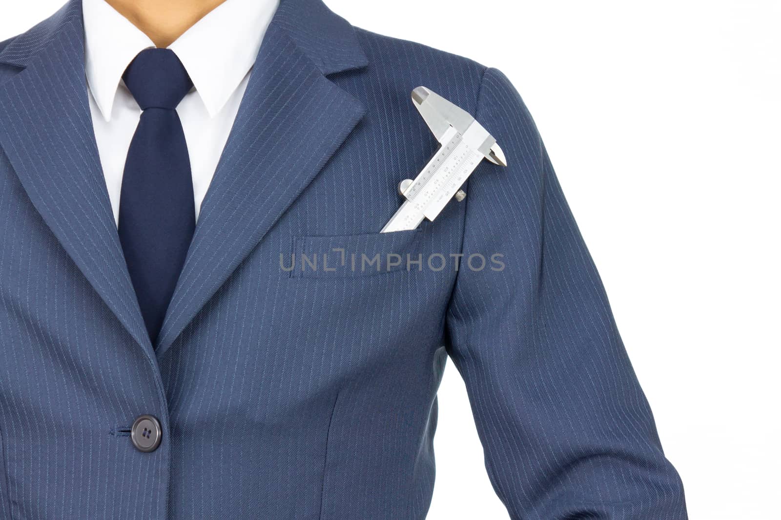 Businessman and Vernier Caliper in Pocket Isolated on White Background. Concept about Technique or Mechanic or Repairing or Maintenance.