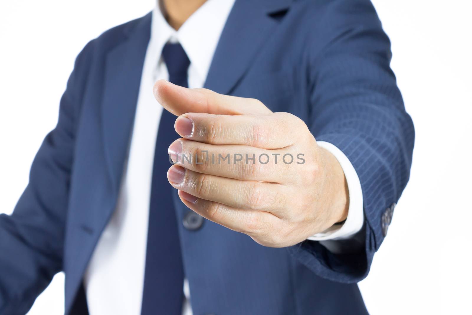 Businessman in Blue Suit Show Holding Hand Gesture Isolated on White Background. Concept about Small or Little Things