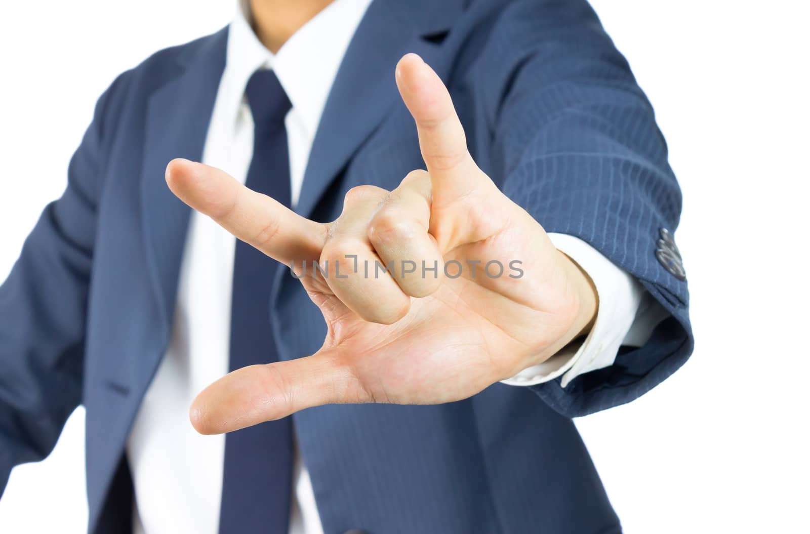 Businessman in Blue Suit Show I Love You Sign or Thumb and Finger and Little Finger Isolated on White Background. Concept about Love or Romance
