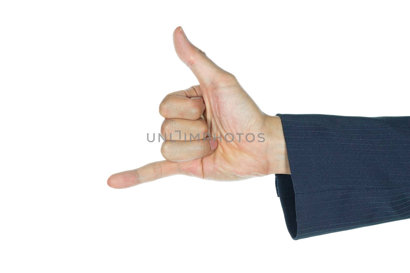 Horn sign of businessman on white background. Businessman show thumb and little finger. Horn symbol hand shape.