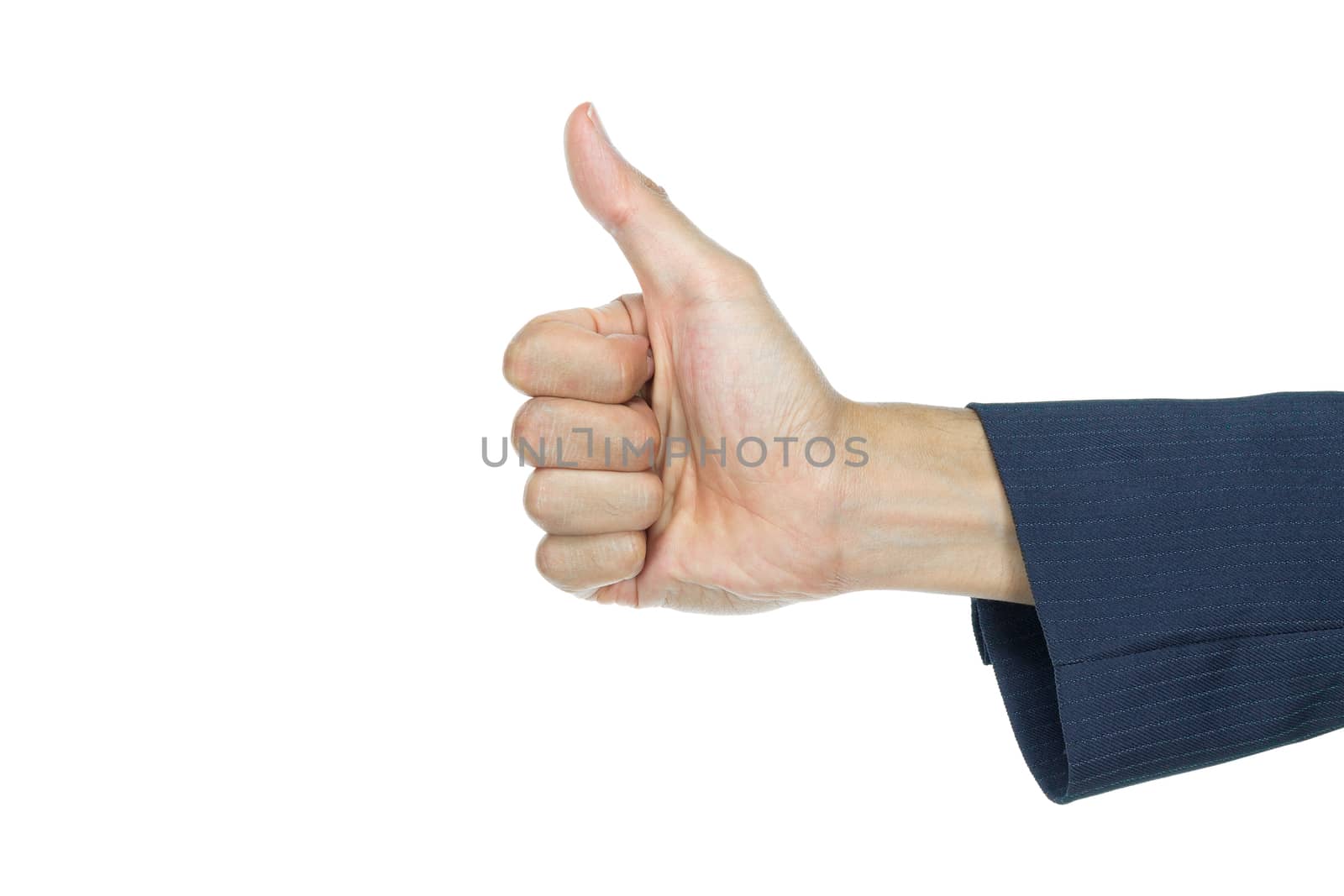 Thumb up hand gesture of businessman on white background. Good sign or good symbol of hand sign.