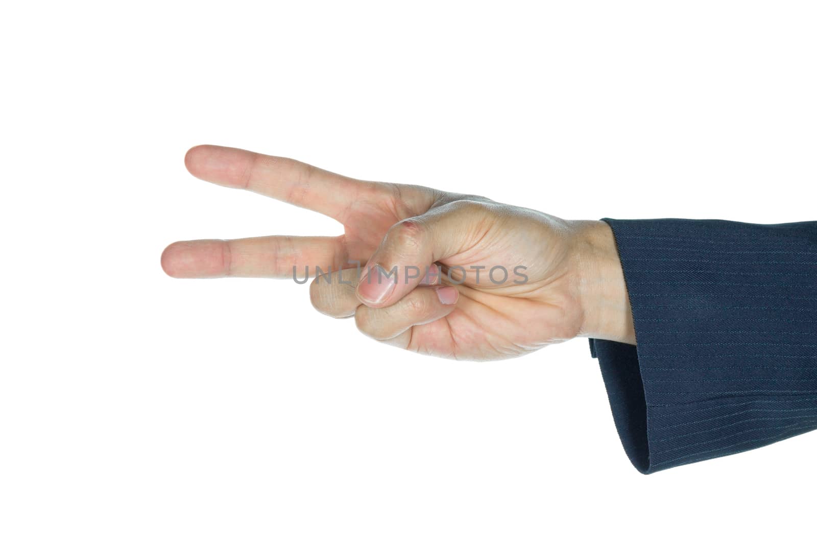 Hand with two fingers of businessman on peace or victory sign. Sign of letter V. Businessman finger on isolated white background.