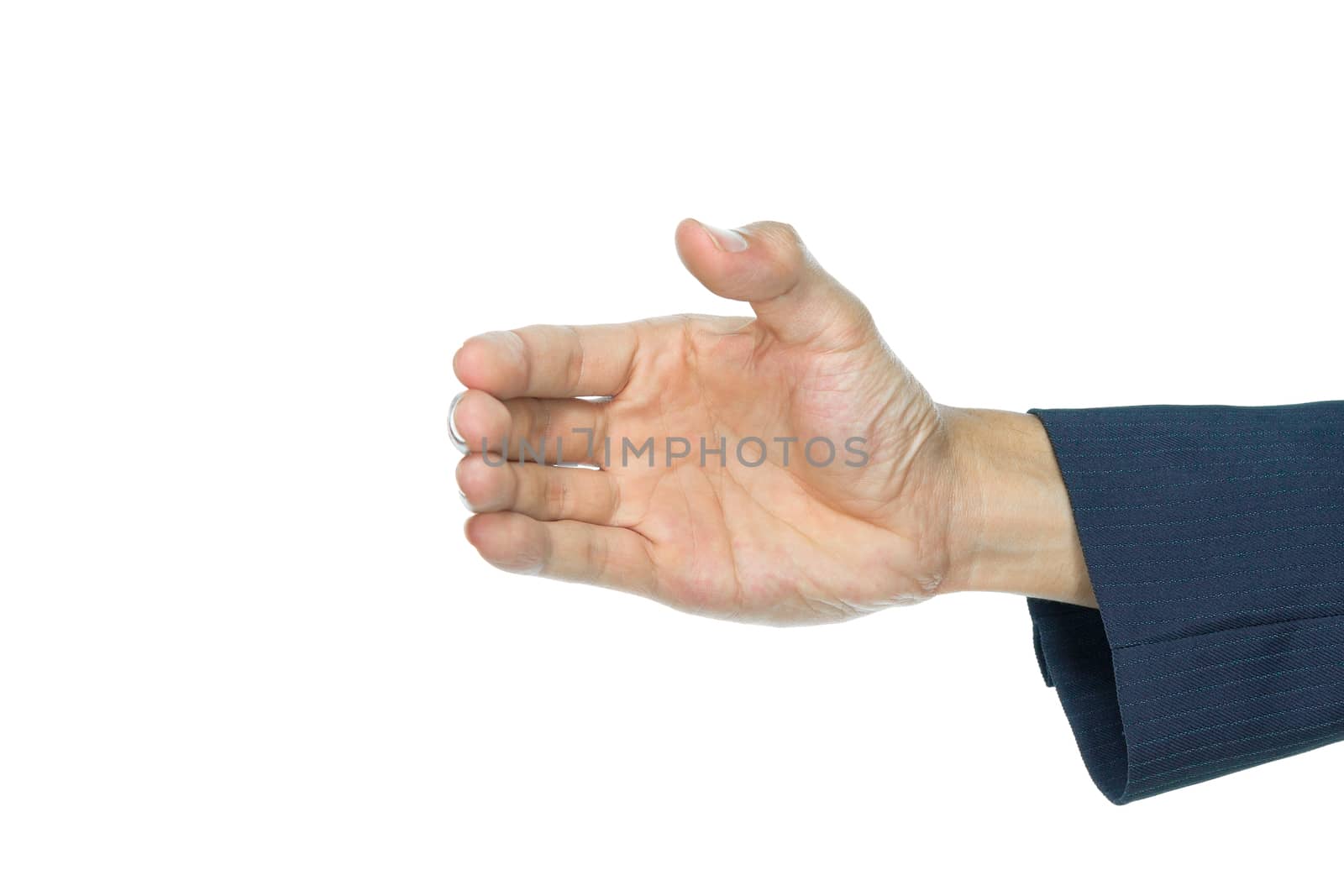 Holding something of hand shape on white background. Businessman is catching something.