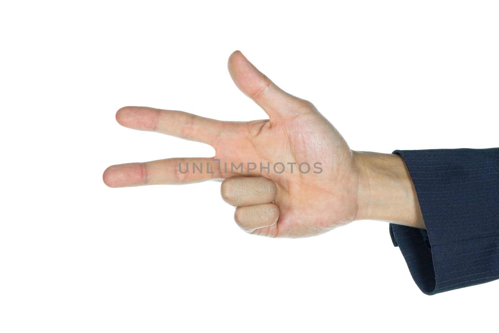 Three finger of businessman isolated on white background. Counting three finger of human.