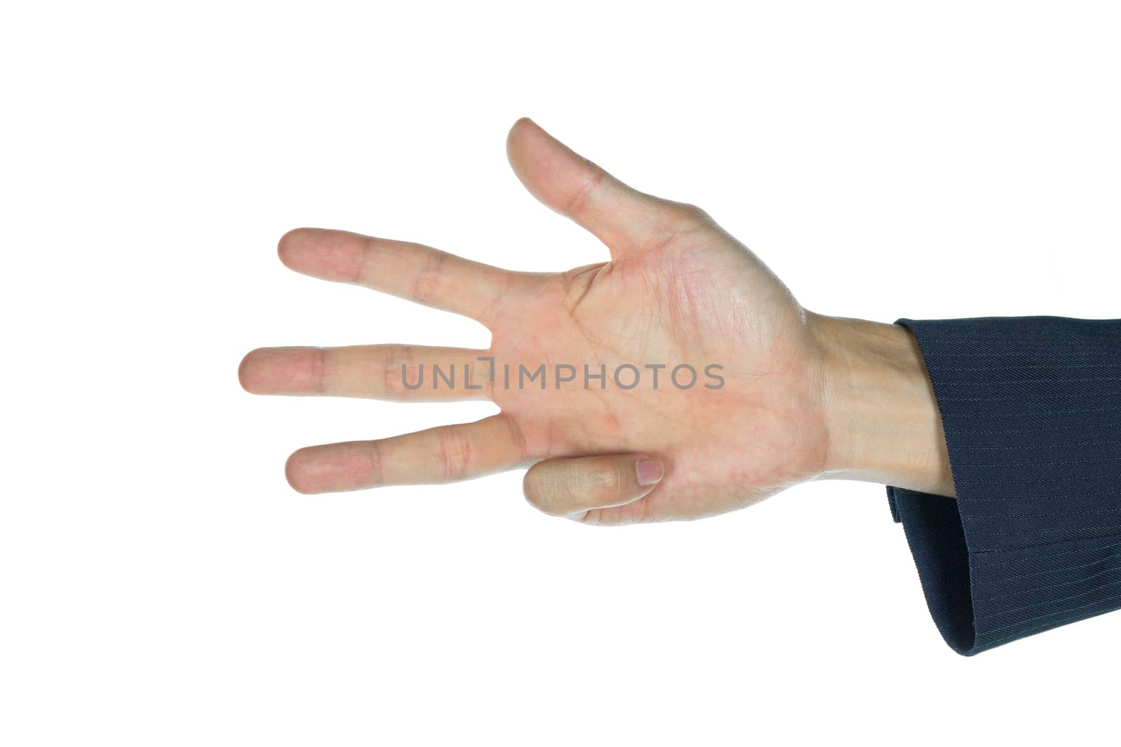 Four finger of businessman isolated on white background. Counting four finger of human.