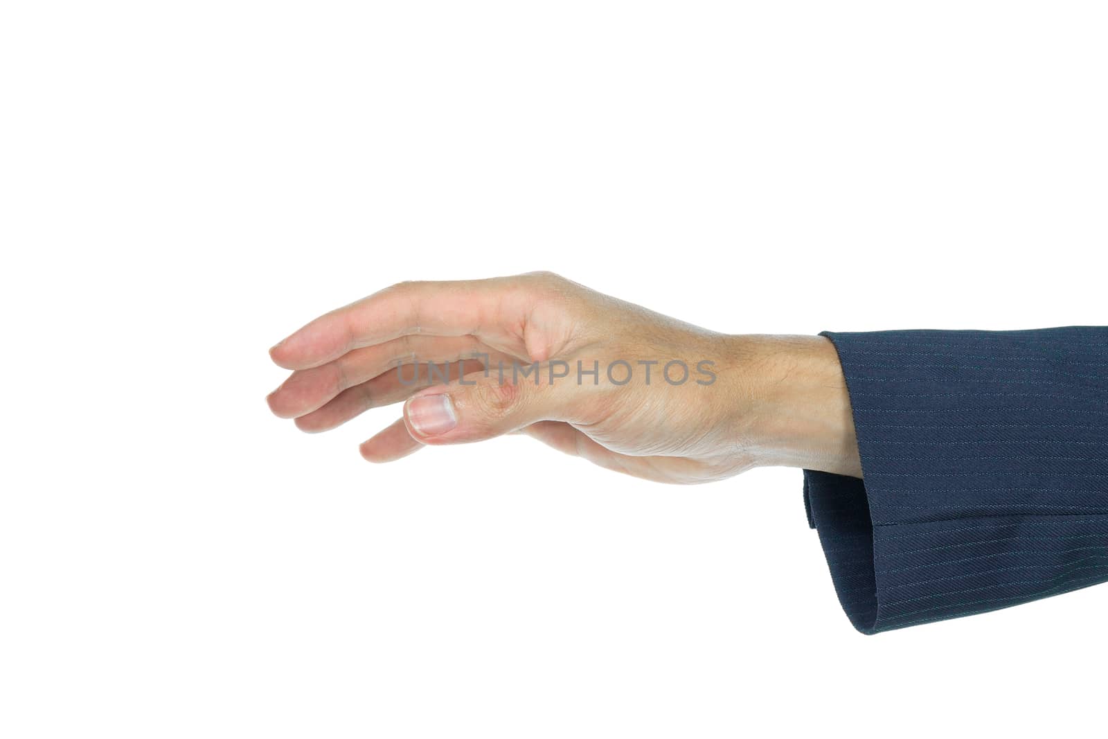 Holding mouse or catch something of businessman on white background. Hand gesture is touching something.
