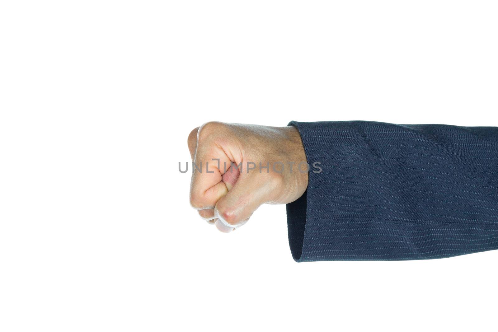 Fist of businessman is punching on white background. Concept about strong and violence and conflict.