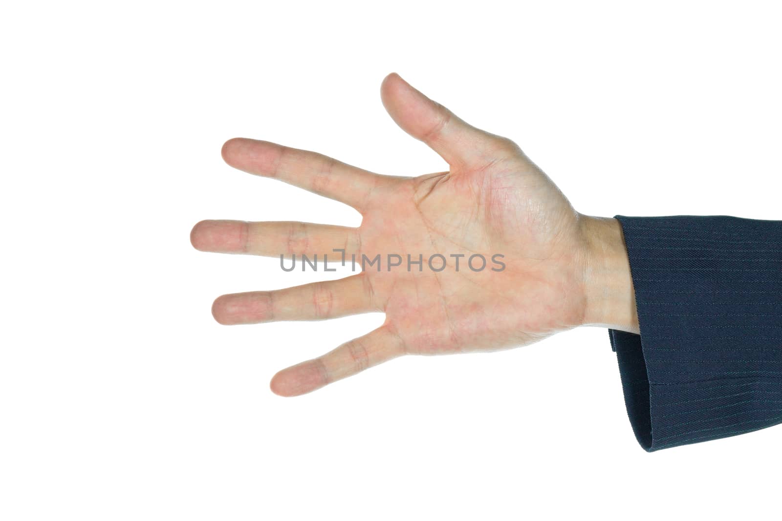 Hand with five finger of businessman. Businessman finger on isolated white background.