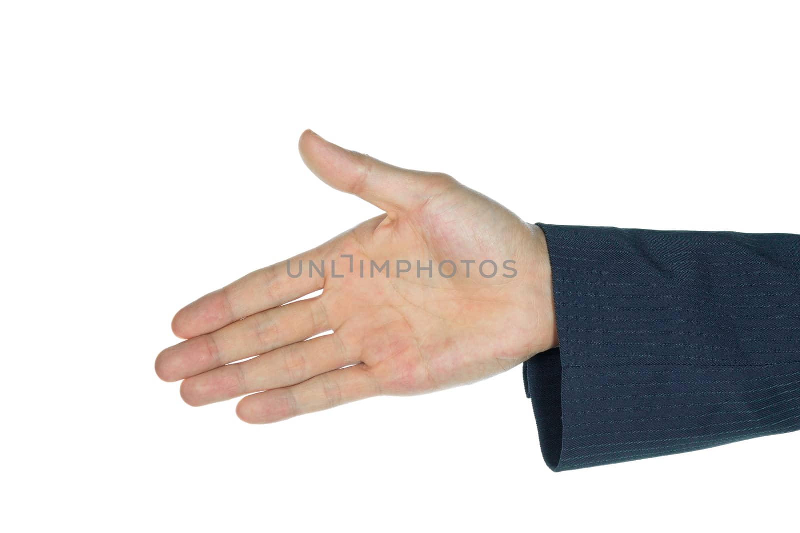 One handshake or palm of businessman on white background. Concept about cooperation in business subject.