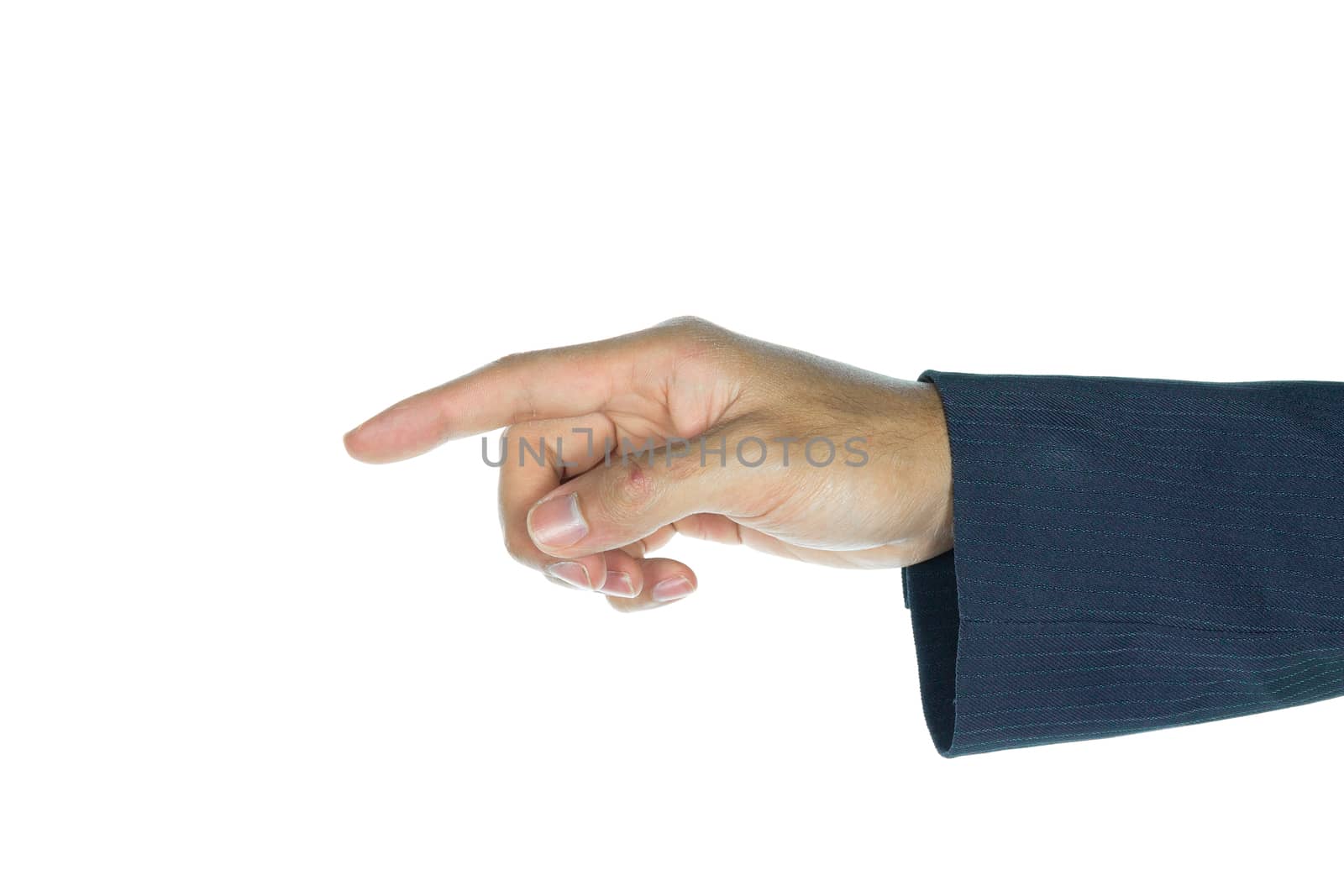 Businessman touching or pushing screen interface on white background. Index finger of businessman is pressing button.