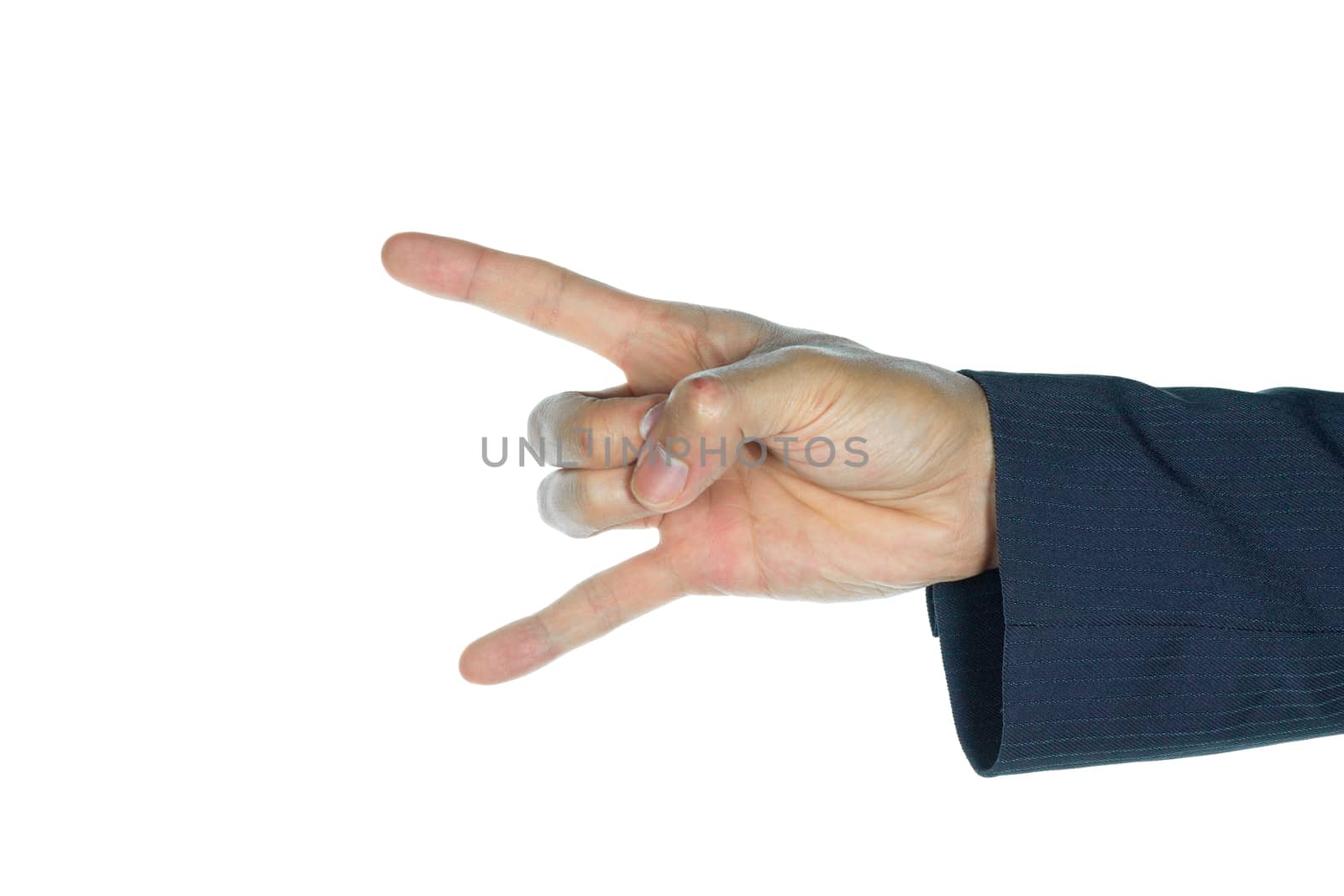 Rock finger symbol of businessman on white background. Holding middle finger and ring finger by thumb with business hand. Sign of horns