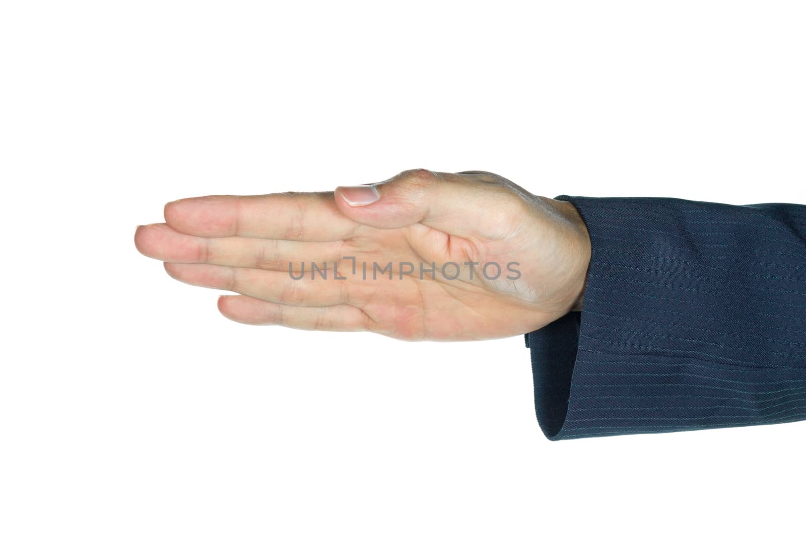 Hand or palm of businessman on white background. Businessman show hand at 45 degree. Opening the palm of the hand.