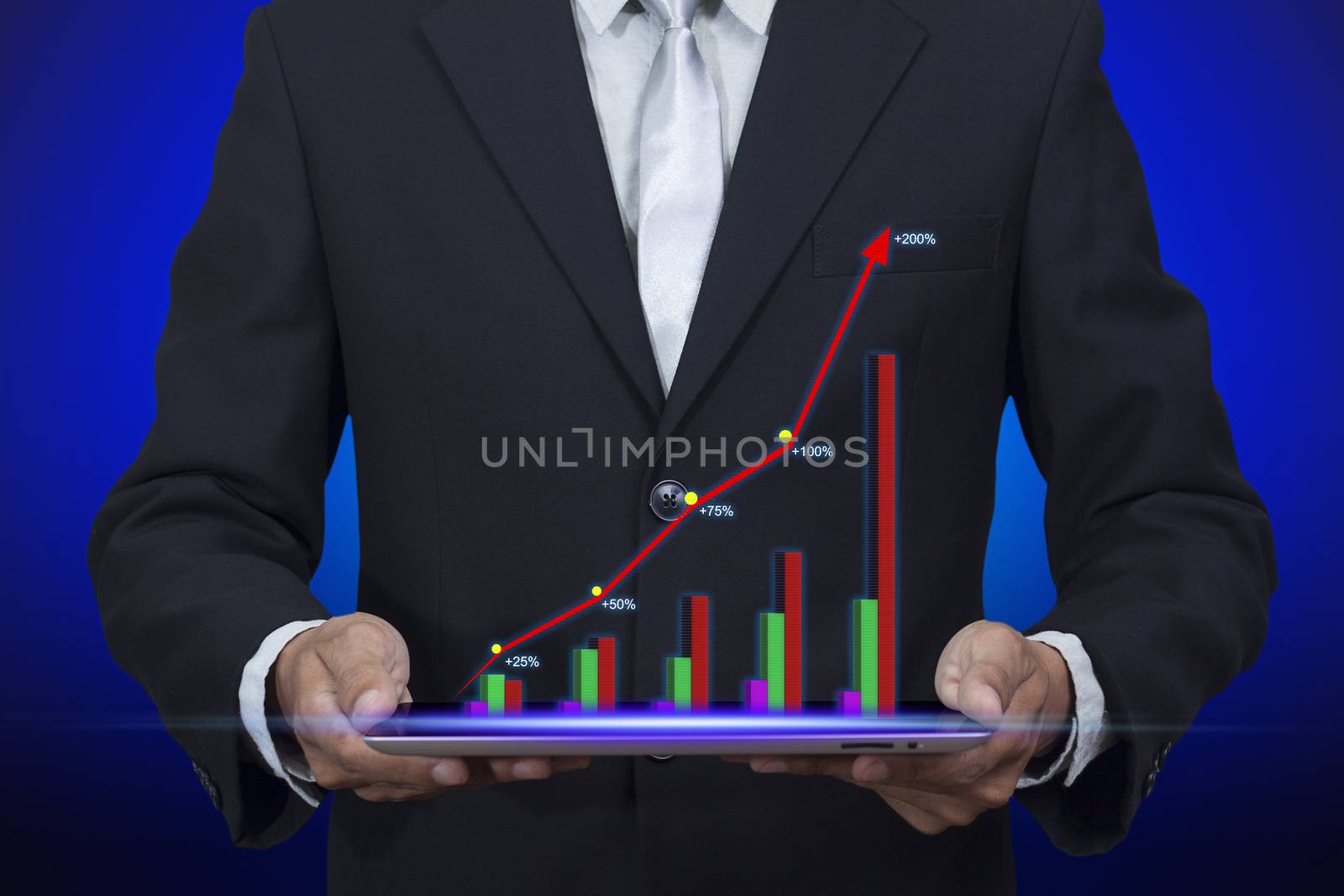 Hologram of success graph display chart pop up from tablet on Businessman's hand, cliping path include by asiandelight