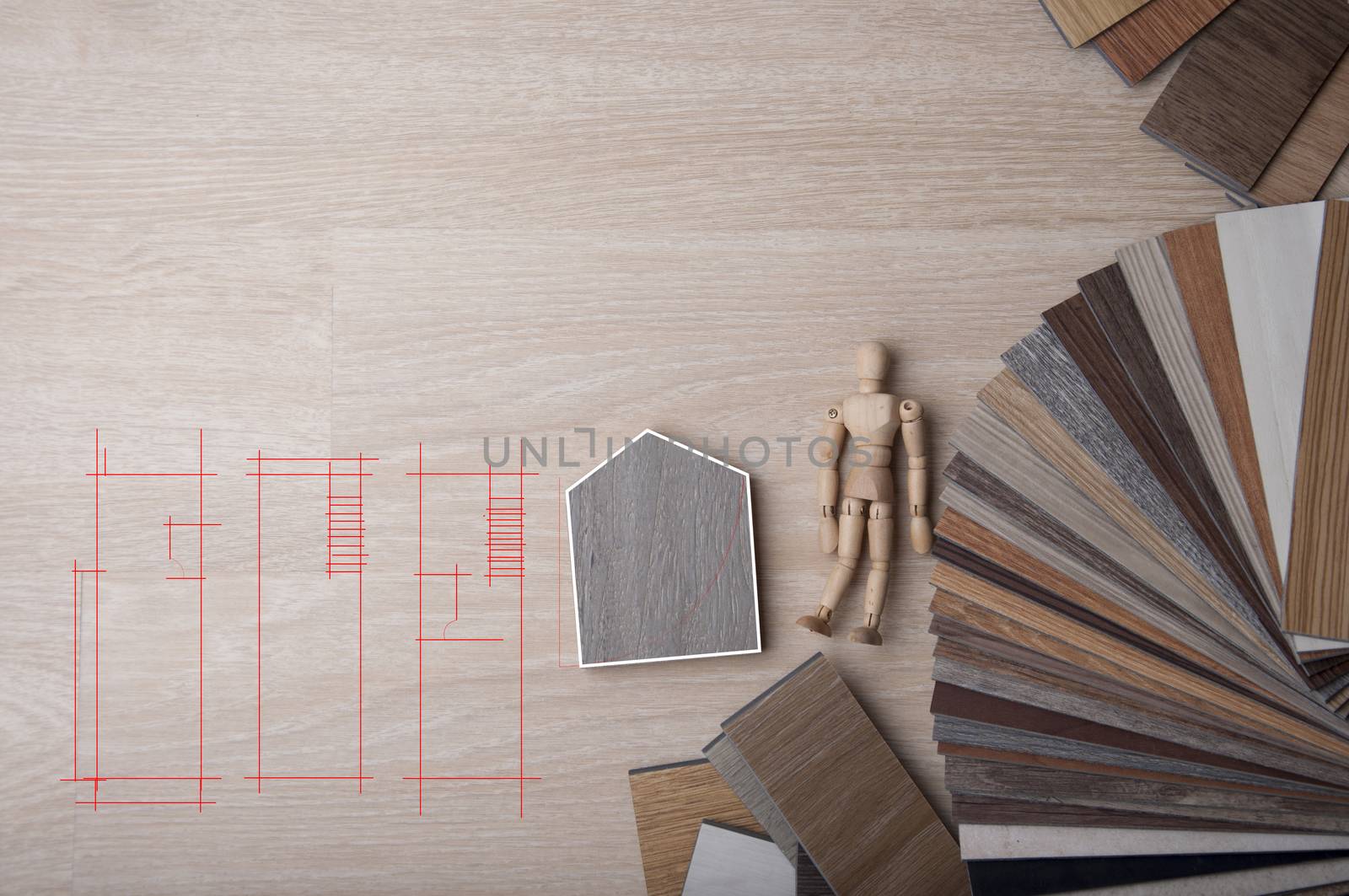 Materials Concept. Top view of wood laminate, veneer, plywood materials on wooden floor. Interior design choose material wood for new home and renovation house. Design concept for home sweet home with wood sample color