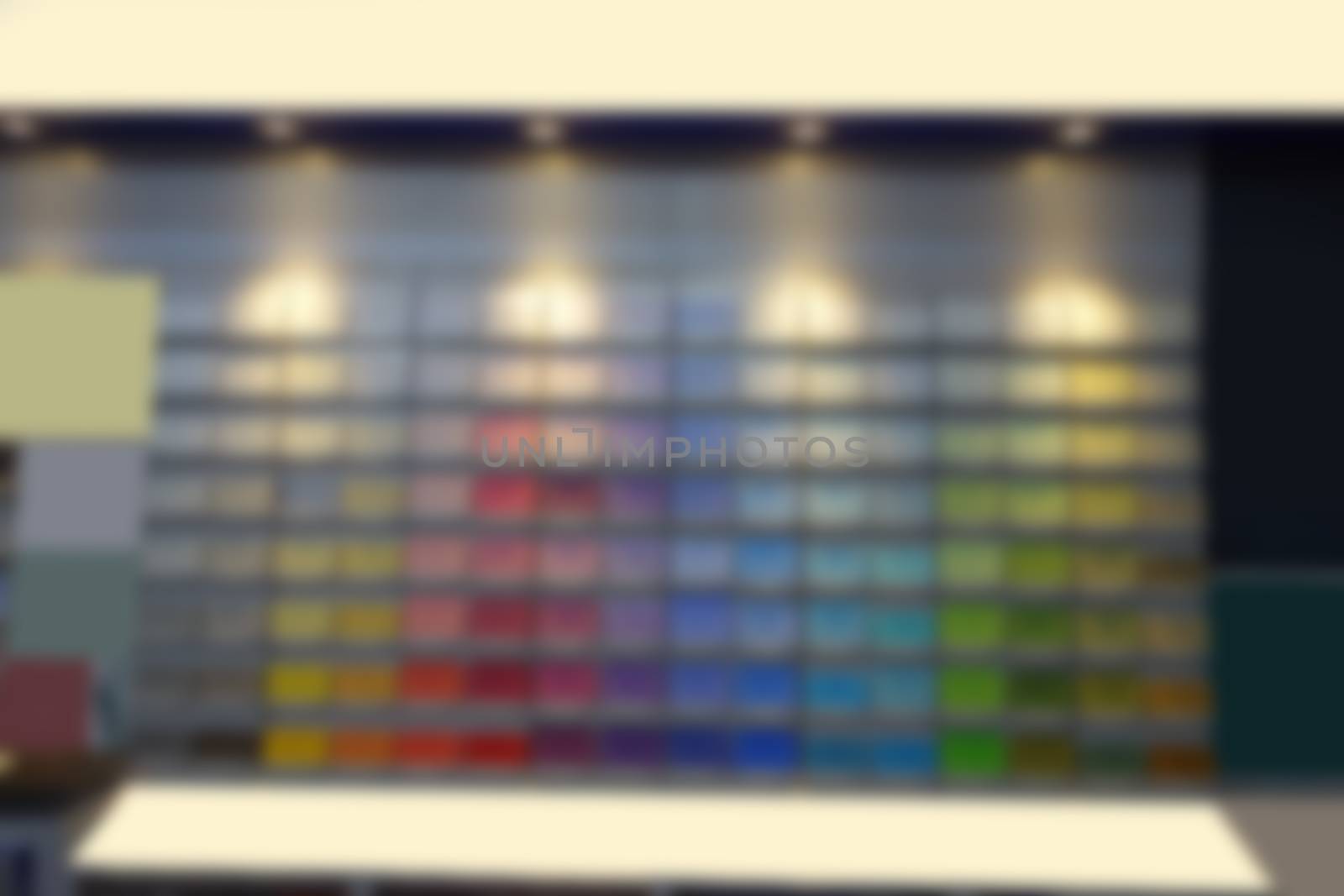 Blurred image of shopping store and sell color painting chart background usage.                               