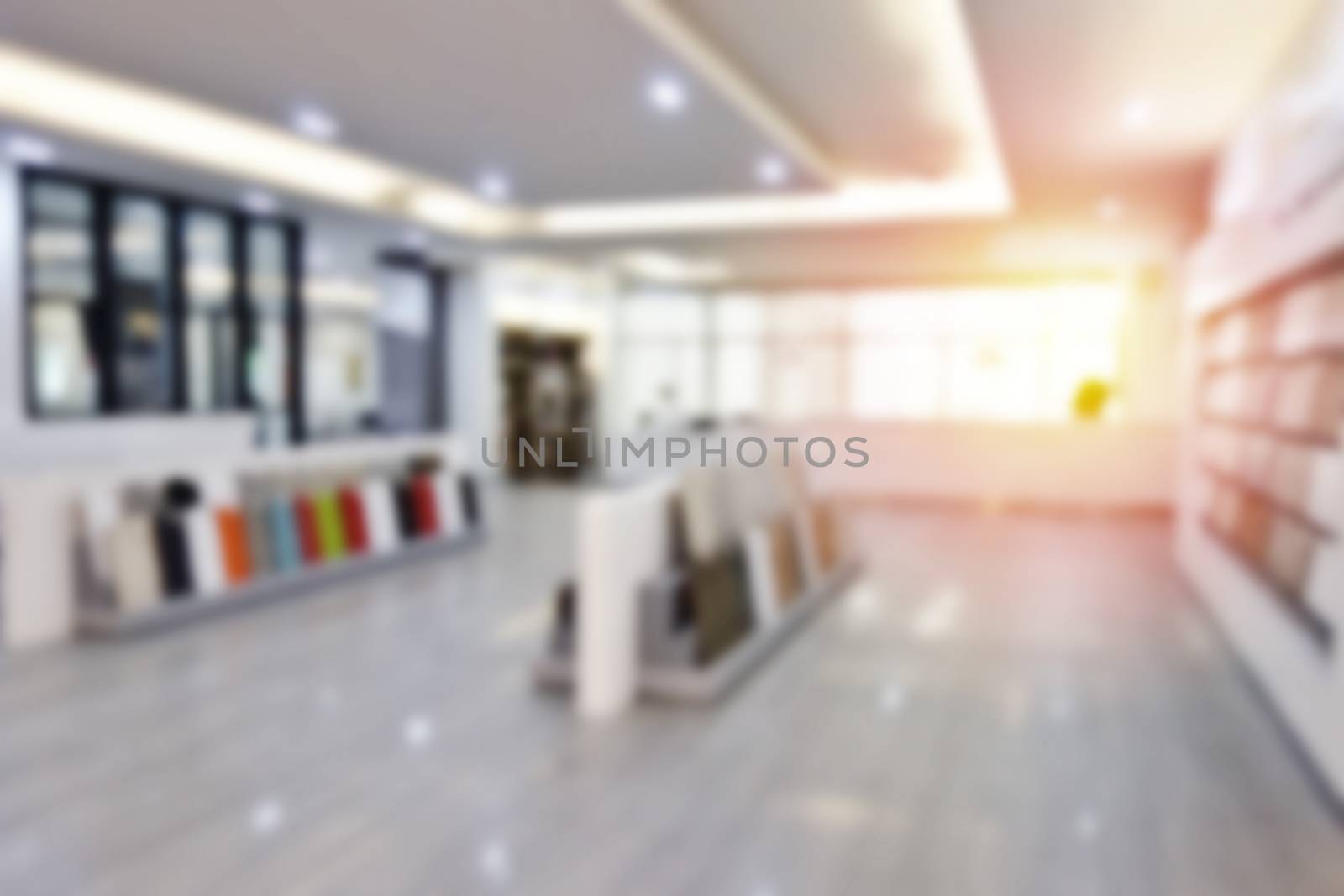 Blurred photo materials design shop for decoration house.
Blue abstract background in show room of home materials design.Concept home renovate , new project, construction, Interior design, Architecture concept.                               