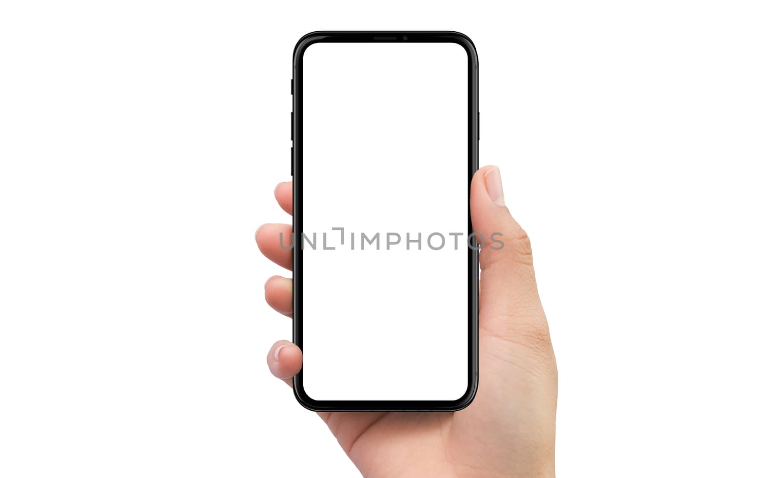 Isolated human right hand holding black mobile smart phone device mockup