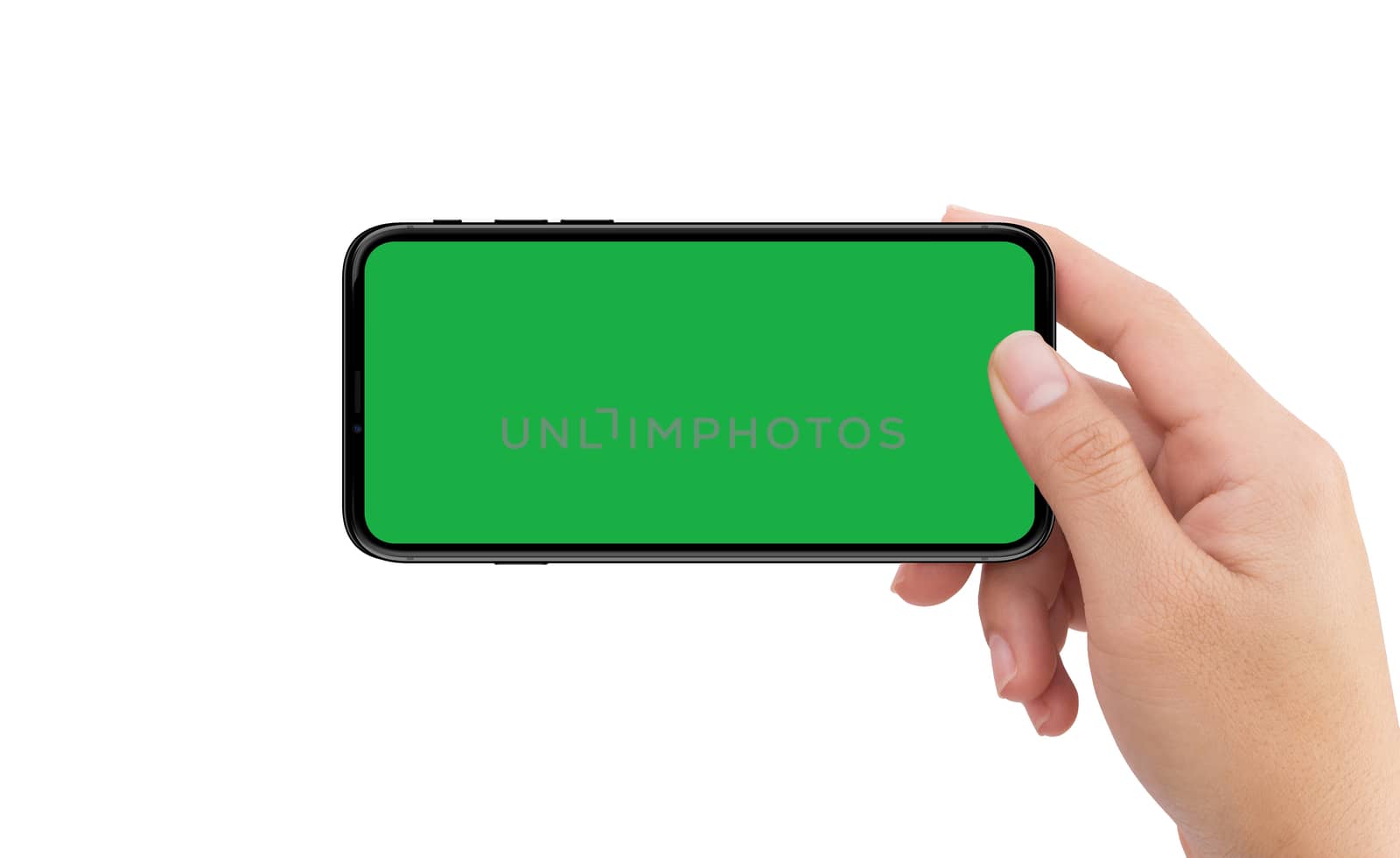 Isolated human left hand holding black mobile smart phone device mockup green screen