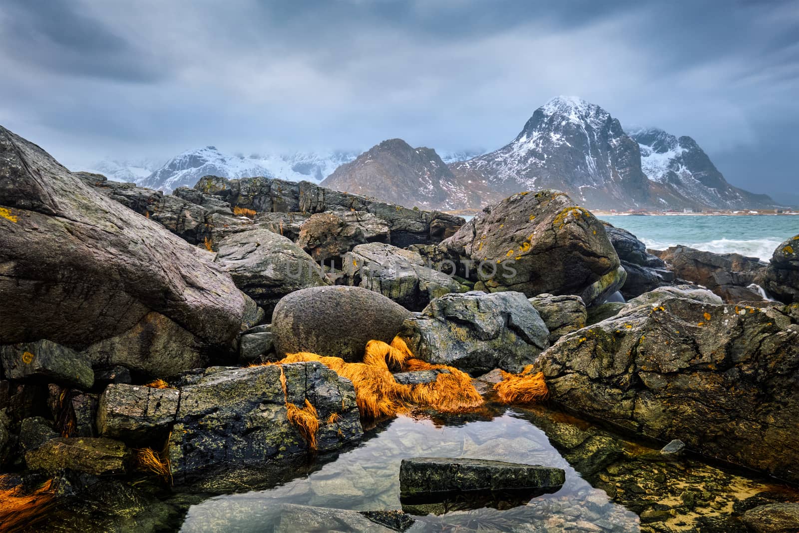 Rocky coast of fjord of Norwegian sea in winter. Skagsanden beach, Lofoten islands, Norway