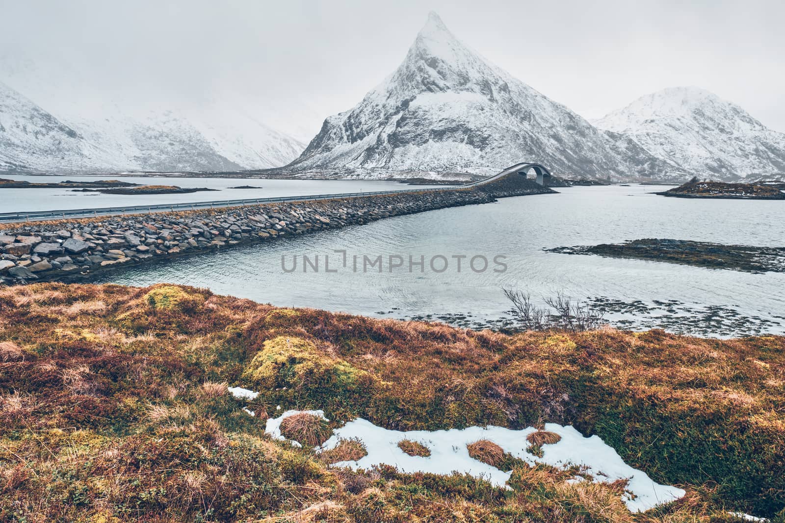 Fredvang Bridges in winter. Lofoten islands, Norway