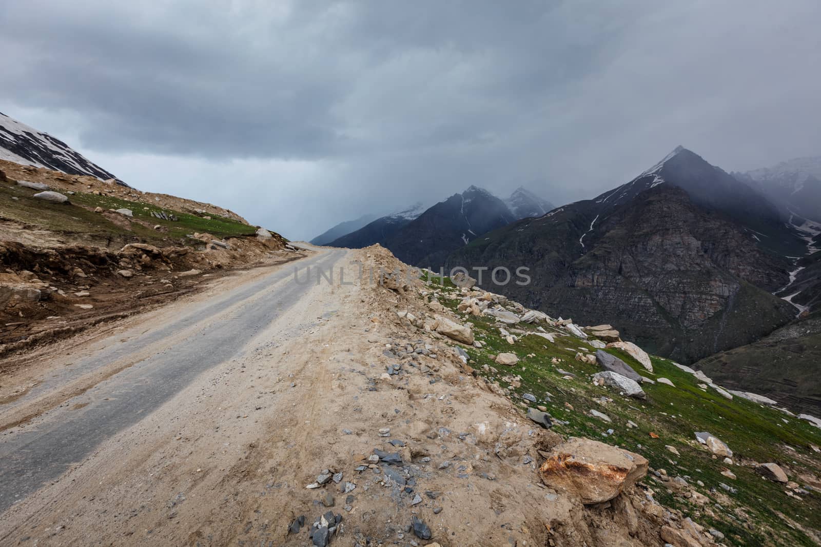 Road in Himalayas near Rohtang La Pass. Himachal Pradesh, India