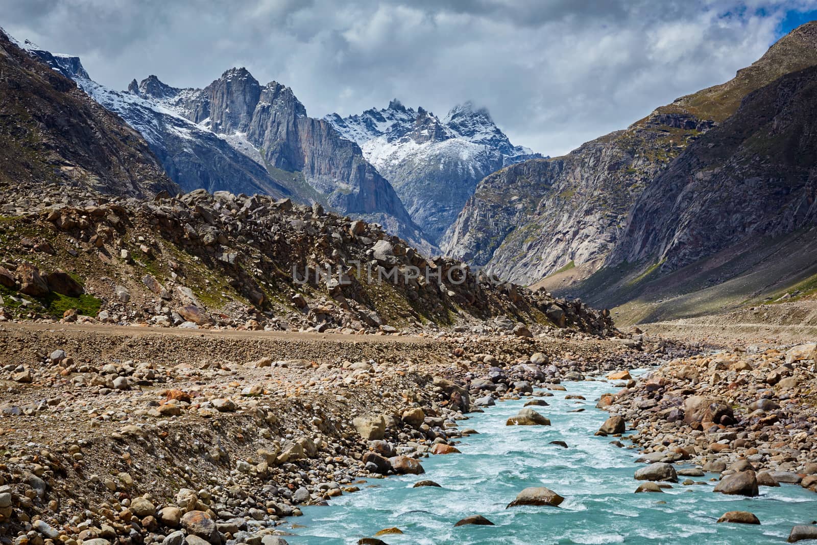 Chandra River in Lahaul Valley in Himalayas, Himachal Pradesh, India India
