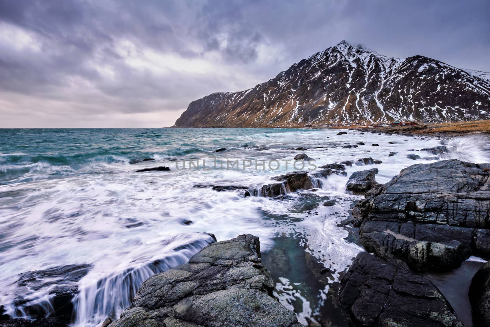 Norwegian fjord and mountains in winter. Lofoten islands, Norway by dimol