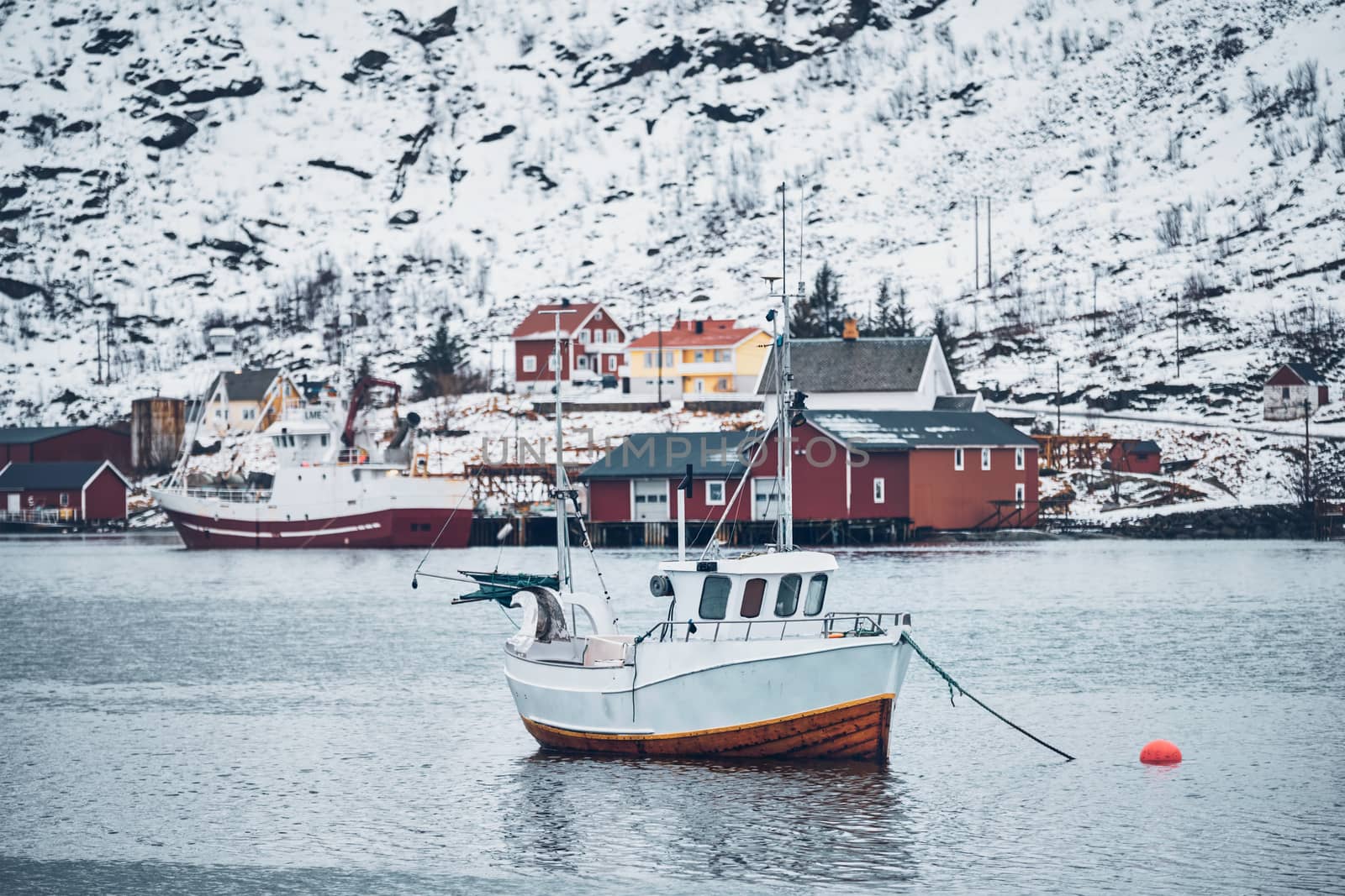 Ship in Hamnoy fishing village on Lofoten Islands, Norway by dimol
