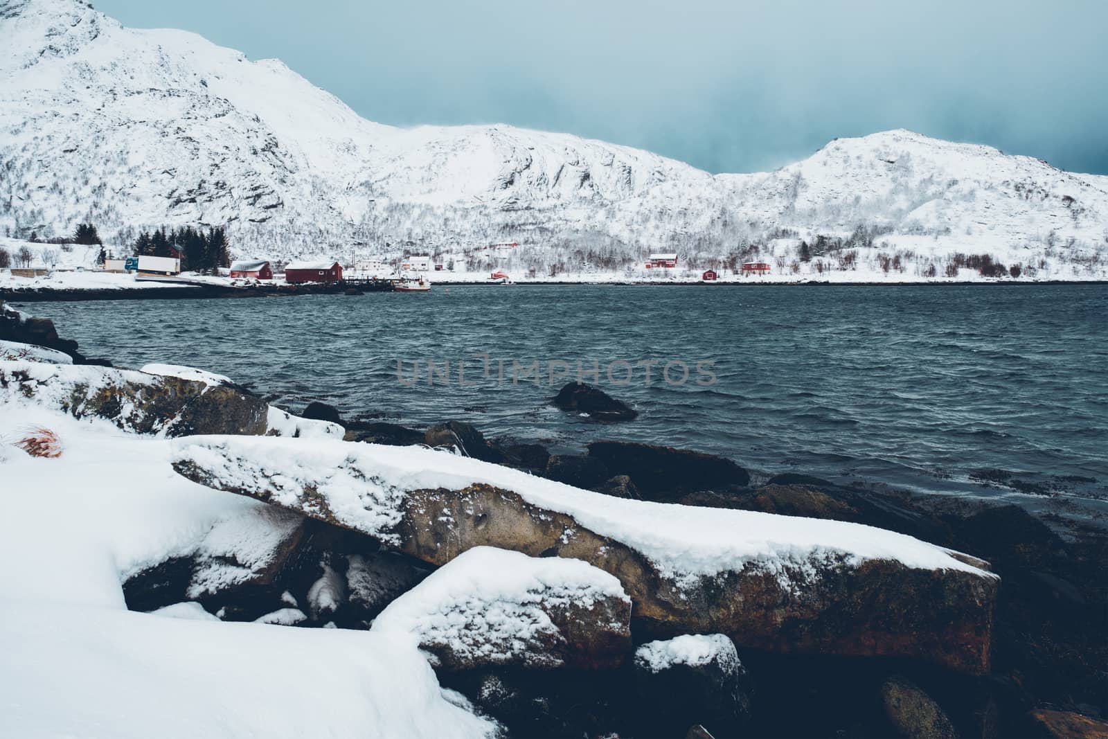 Norwegian fjord with red rorbu houses in Norway in winter by dimol