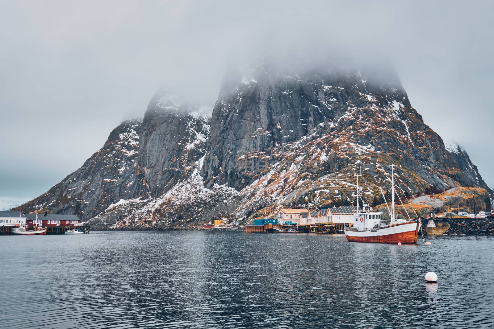 Ship in Hamnoy fishing village on Lofoten Islands, Norway by dimol