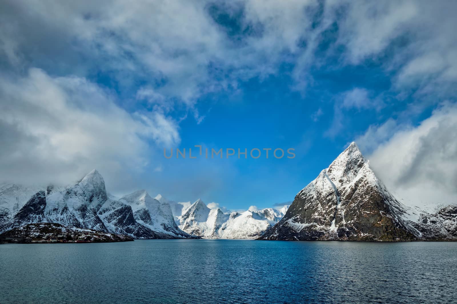 Norwegian fjord and mountains with snow in winter. Lofoten islands, Norway