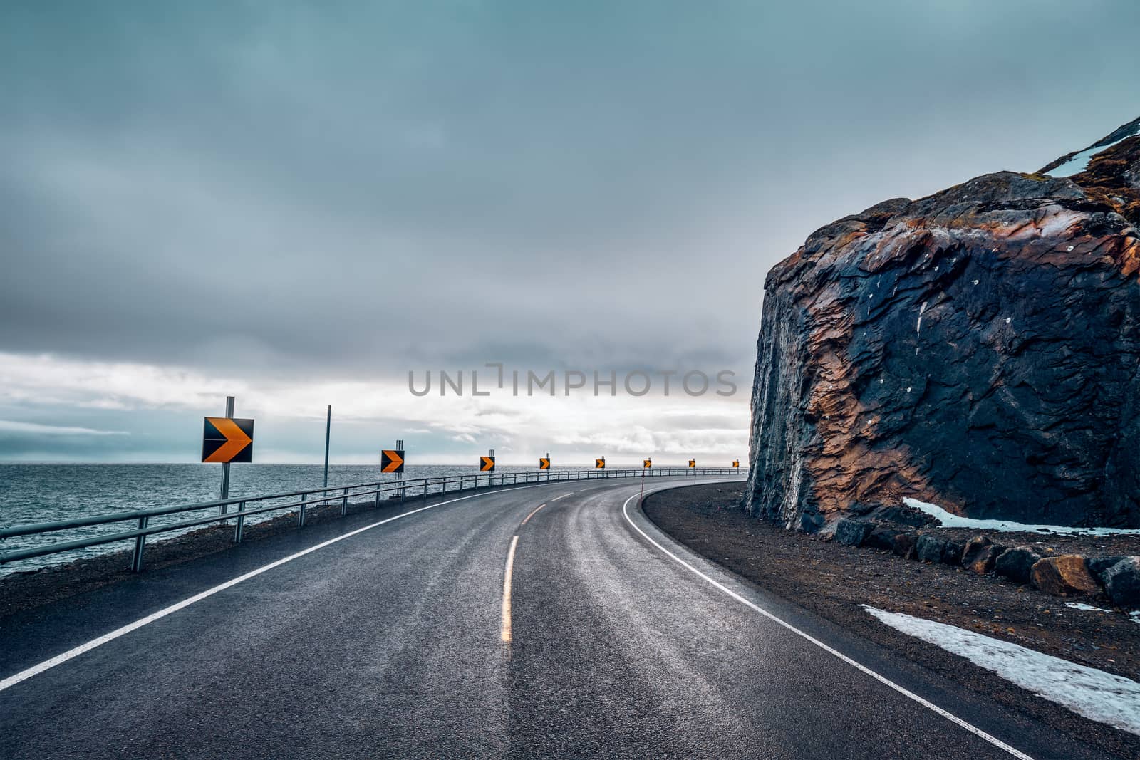 Road in Norwegian fjord. Lofoten islands, Norway